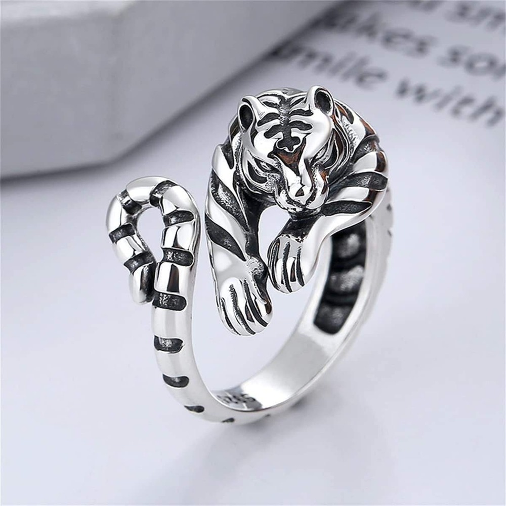 Tiger Ring 925 Sterling Silver for Men Women Retro Punk Biker Ring Adjustable J - Picture 3 of 10